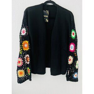 Aims Womens Black Knit Cardigan With Multicolor Crochet Sleeves Size Medium